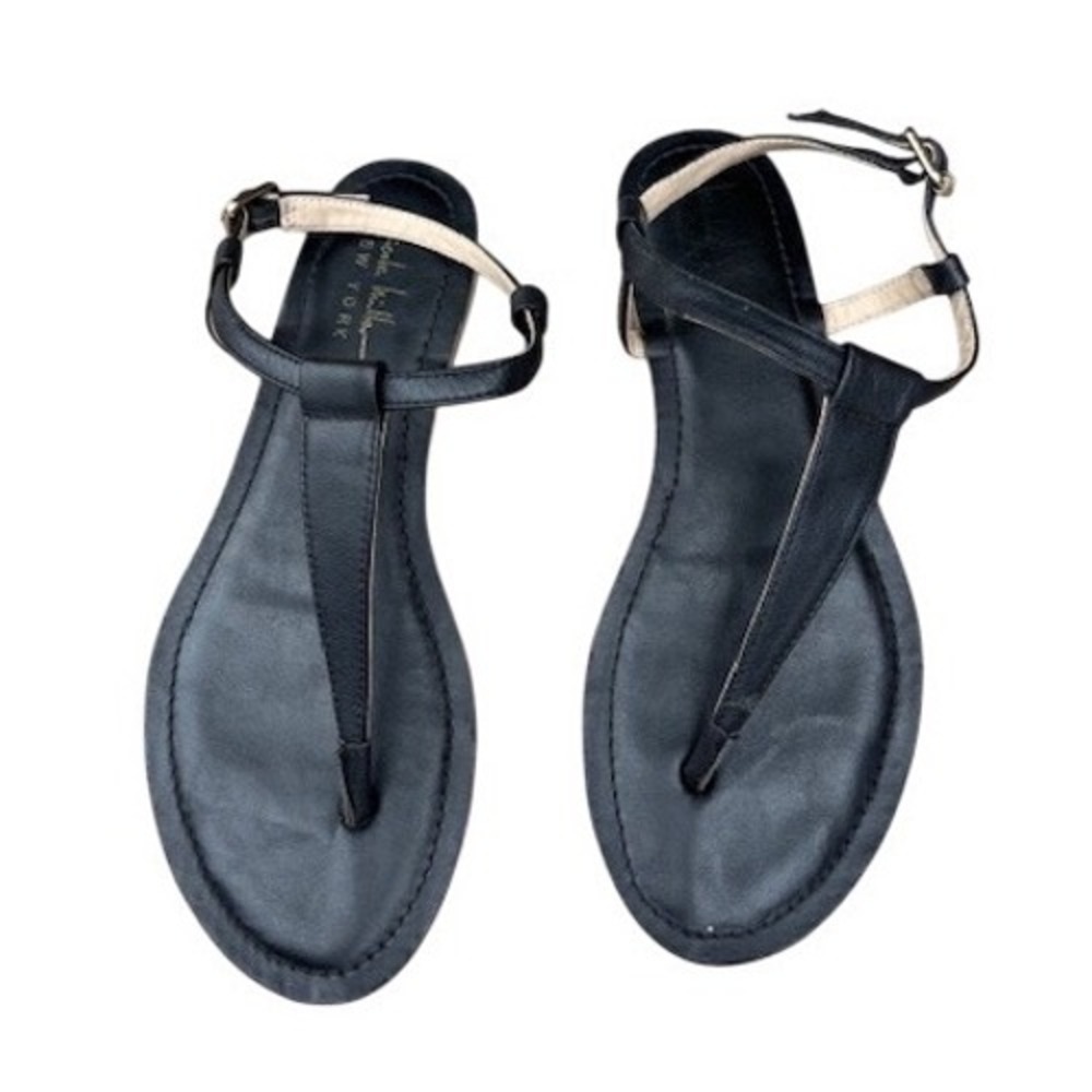Nicole Miller New York Hannah Black Leather T-Strap Flat Sandals Womens 7.5